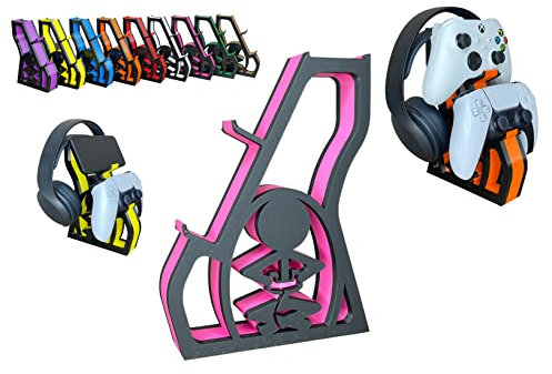Universal Double Controller and headset desk top stand, fits Xbox, fits Playstation, fits Switch Pro, Gamer Premium Pro Design twin colour (PINK AND BLACK)