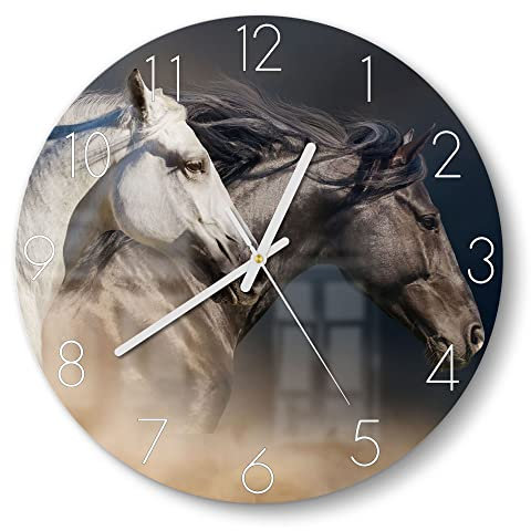 DEQORI Glasuhr | rund Ø 30 cm | Motiv Pferde-Trio im Galopp | ausgefallene leise Design Uhr aus Glas | Wanduhr für Wohnzimmer & Küche | moderne Hingucker Uhr für die Wand