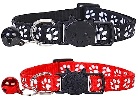 WeddHuis 2 Pezzi campanellino gatto, Collari per Gatti Antistrozzo con Campanellino e Fibbia di Sicurezza, Stampa Zampa Carina 19-32cm