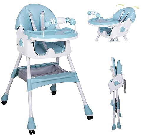 Sinbide Hochstuhl, Verstehllbar und Klappbar Kinderhochstuhl mit Rädern, Verstellbarer Rückenlehne & Liegefunktion, Abnehmbare Ablage, Kindersitz mit Sicherheitsgurt für 6 Monaten-4 Jahre (hellblau)