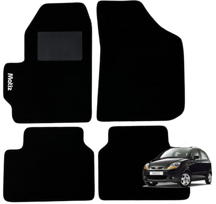 Fußmatten aus schwarzem Teppich für Chevrolet Matiz von 2005 bis 2010 mit genähtem Fersenpolster, Befestigungsknöpfen und rutschfestem Klettverschluss
