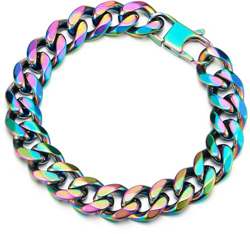 COOLSTEELANDBEYOND Panzerkette Armband, Oxidiert Regenbogen Farbe, Edelstahl Gliederkette Armband, Klassiker Herren