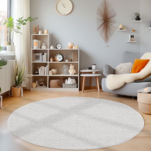 HomebyHome Teppich Wohnzimmer Langlebig Robuster Teppich Cut-Loop Silber 160 cm Rund - Kurzflor Schlingenteppich Schlafzimmer Dekorativer Teppich Meliert Struktur Moderner Küchenteppich Schlingenflor