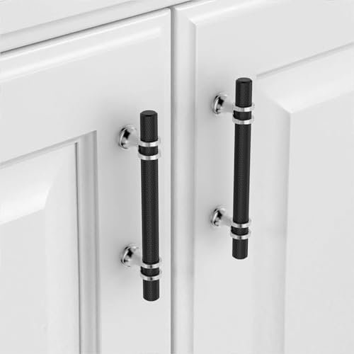 Coinkoly 10 Pack Matte Black and Polished Chrome Cabinet Pulls 96MM Hole Centers Kitchen Cabinet Handles Knurled Drawer Pulls Kitchen Cupboard Handles UK0002