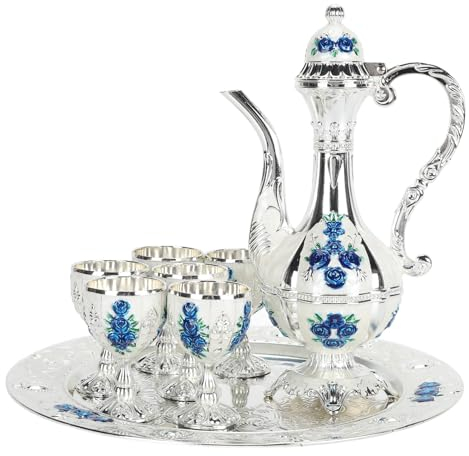 Vintage Coffee Pot Set, Turkish Tea Set Wine Pot Kit Teapot Set with 6 Cups and Teapot Tray Craft Decorations for Home Tea Party(Blue)