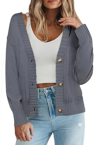 Zeagoo Strickjacke Damen Kurz Open Front Cardigan Langarm Elegant V-Ausschnitt Jacke Winter Grau XXL