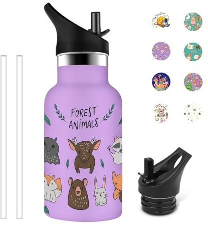 Grsta Borraccia Bambini, 350ml Borraccia Termica, Borraccia Termica Piccola Senza Perdite, Borraccia Termica Personalizzata con Cervo, Senza BPA, per Bevande Fredde o Calde, Viola
