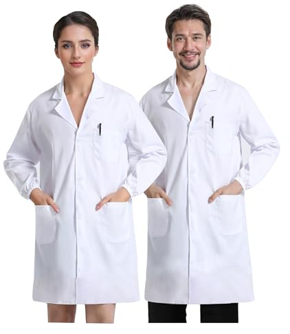JXCTNNU Laborkittel Weiß Kittel Arztkittel Unisex Chemie Schutzkleidung Herren Damen Langarm Medizin Mäntel Medizinische Uniform mit Knöpfen 3 Tasche für Labor Studium Arbeit, XL (175-180CM)