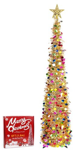 1,8m albero di Natale artificiale con cima a stella Pieghevole albero di Natale dorato paillettes abete artificiale, supporto in metallo pop up decorazione albero di Natale per angoli esterni giardino