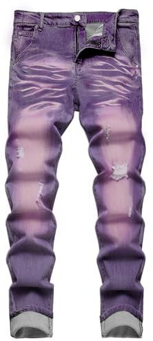 HENGAO Jeans strappati da uomo slim fit stretch dritto fit denim pantaloni, 1171 Viola, 28