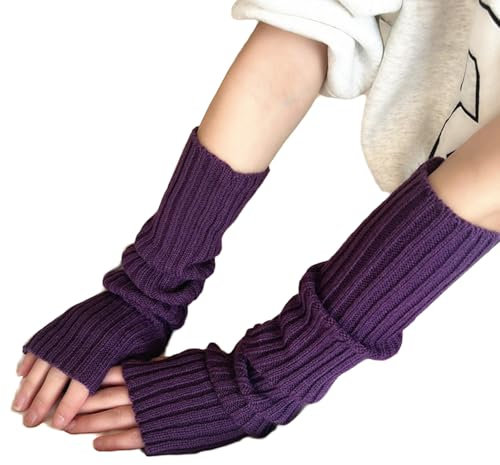 AWOCAN Lange fingerlose Handschuhe Weiche Winter Warme Handschuhe Winter Knit Armstulpen Daumenloch Handschuhe Gestrickt Warm Weben Handschuhe (lila)