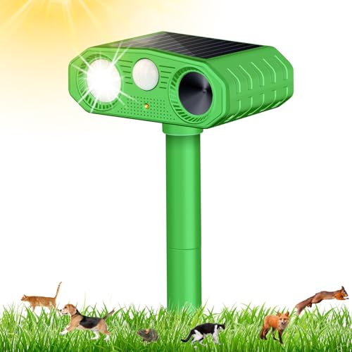 Solar Cat Repellent, Ultrasonic Animal Repeller Cat Deterrents Waterproof 3 Modes with Motion Sensor and Flashing Light, Solar Mole Repellent for Garden Yard Dogs Cats Birds Squirrels