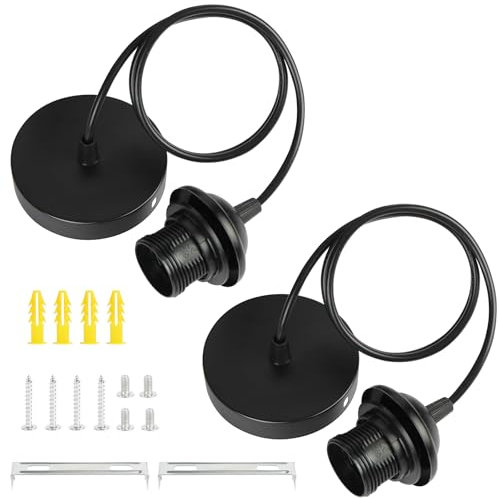 AUAUY 2er-Pack E27 Schwarz Lampenfassung, Pendelleuchte Lampenaufhängung mit Schraubring, E27-Lampenfassung für Deckenpendelleuchte mit 90 cm Verstellbarem Kabel für die Decke von Küche Esszimmer