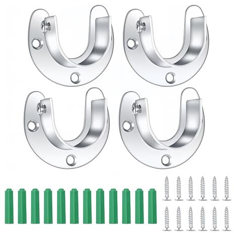 4 PCS Wardrobe Pole Brackets, 25 MM Flange Rod Holder with Screws Wardrobe Rail Bracket Stsainless Steel Closet Pole Sockets Adhesive Curtain Rod Holders (Sliver)