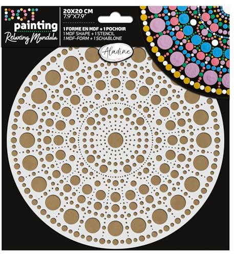 Aladine - Kit Pochoir & Support Mandala 20 cm - Pour Créer Mandalas en Dot Painting - Peinture sur Galet, Bois, Tissus, Toiles - Dotting Peinture Points - Loisirs Créatifs - 85501