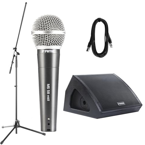 Fame Audio 10MA Bühnenmonitor Set, Aktiver 10 Monitor mit 150W RMS Leistung, inkl. Gesangsmikrofon, Mikrokabel, Mikrofonständer