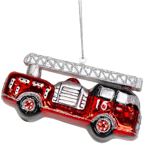 HD Collection Christbaumschmuck Glas 10,5cm - Feuerwehrauto Aufhängen - Weihnachtsbaum Anhänger für Weihnachten - Christbaumanhänger & Weihnachtsbaumschmuck - Rot Silber