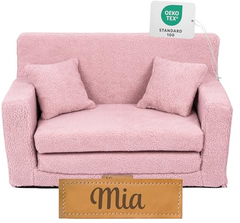 Flumi Kleinkind-Sofabett aus Schaumstoff - Personalisiert mit Kindernamen - Abnehmbarer Bezug - Ausklappbare Kindercouch zum Spielen & Schlafen (Rosa Boucle)