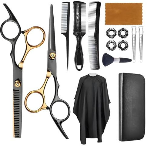 Haarschere Set, 15 Stücke Haarschneideschere, 6,7 Zoll Friseurschere Hohe Qualität 440C Delstahl Barber Set, mit Friseurumhang,für Damen, Herren, Kinder, Familien und Friseursalon (Schwarz)