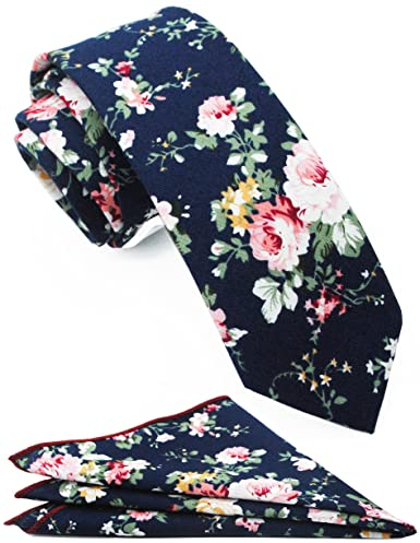 ZENXUS Herren beiläufige dünne blumenbindung combo set mit blumen einstecktuch 2½ Baumwolle krawatte hand made by Skinny Marine Floral