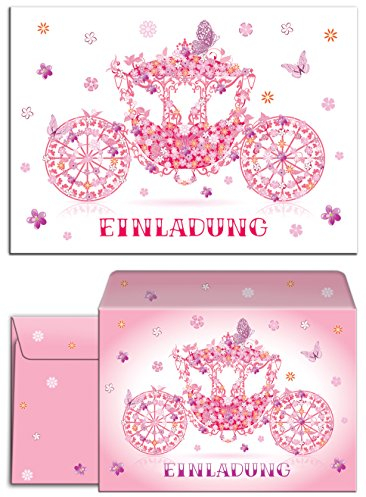 JuNa-Experten 12 Einladungskarten + 12 Umschläge zum Kindergeburtstag Prinzessin-Party für Mädchen/Kutsche/rosa/Schmetterlinge/märchenhafte Einladungen zum Geburtstag /(12 Karten + 12 Umschläge)