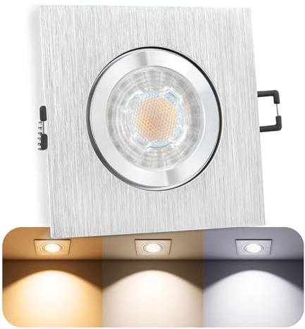 SSC-LUXon QW-2 Einbauspot LED eckig GU10 dimmbar - Spot IP44 für Bad & Außen in Alu gebürstet mit wechselbarem GU10 LED warmweiß 7W dim