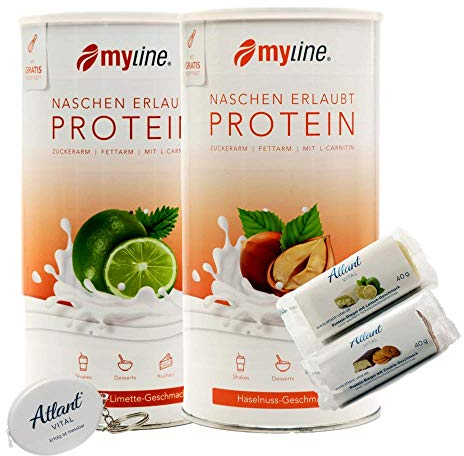 Myline Eiweiß Shake Protein Pulver 2er Pack 2x 400g + AV Maßband + 2 Proteinriegel (Limette Buttermilch/Haselnuss)