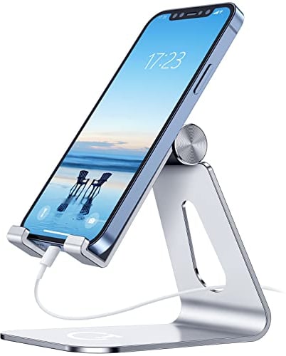 Gritin Soporte Móvil Mesa, Ajustable Soporte Móvil Soporte Dock Base Aleación de Aluminio para iPhone 15/14/13/12 /X / 8 Plus, iPad Mini, etc