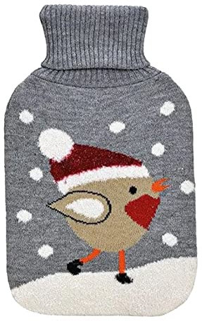 Wärmflasche Weihnachtsvogel, Vogel im Schnee, 2 L mit Strickbezug - Bettflasche, Wärmekissen