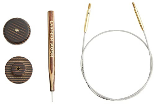 Lantern Moon Interchangeable Knitting Needle Cables – 2 x 20 Fixed Cords – 2 Wooden End Caps & 1 Tightening Tool – Nylon Coated Stainless Steel, Silver & Brass, 20” 50cm