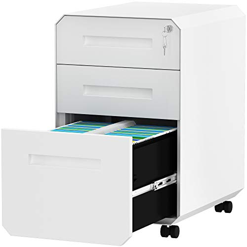 YITAHOME 3-Drawers Mobile File Cabinet for Home Office, Lockable Rolling Filing Cabinet with Wheel, Under Desk File Storage Cabinets for Letter/Legal Size, Fully Assembled, White,51 x 40 x 64cm