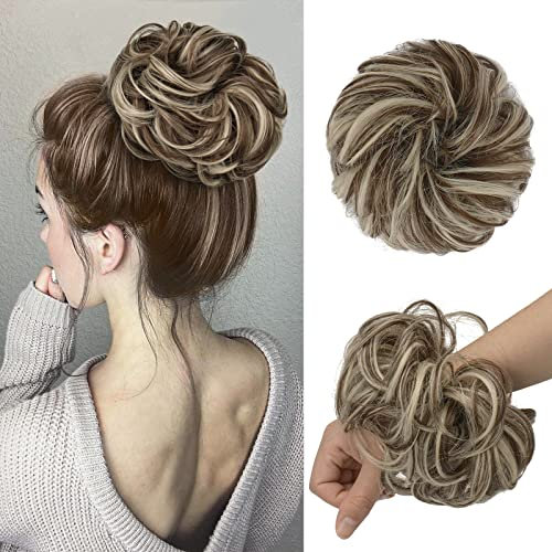 FESHFEN Haarteil Mit Gummiband, Groß Dutt Haarteil Haargummi Mit Haaren Gelockt Haardutt Synthetisch Haarverlängerung Pferdeschwanz Haarteile für Damen Mädchen, Golden Brown & Bleach Blonde 55g