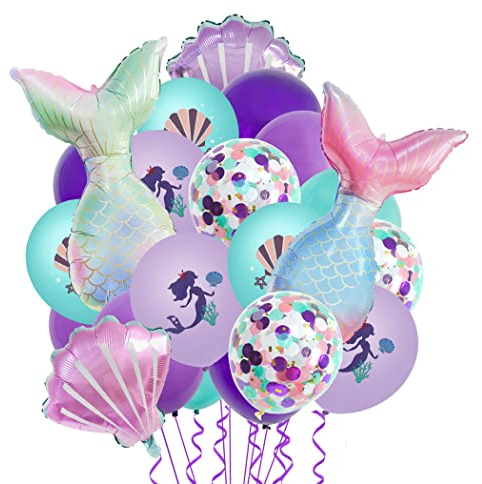 Borsgye 22 Stück Großes Meerjungfrau Folienballons Muscheln Ozean Helium Mylar Ballons Lila Luftballon Blaue Glitzer Latexballons Happy Birthday Mädchen Jungen Party Geburtstag Deko- Neu