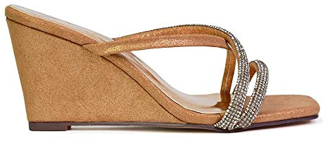 Womens Sparkly Diamante Rose Gold Sandals Ladies Square Toe Low Wedge Heel Strappy Mules Size 3
