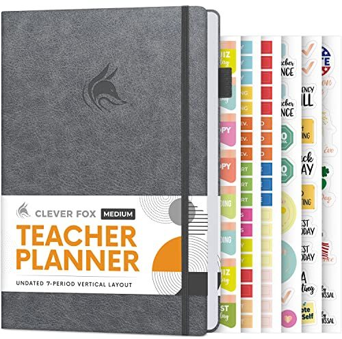 Clever Fox Lehrerplaner, Schuljahresplaner mit Kalendern und Unterrichtsplänen, Lehrerplan-Buch für Klassenzimmer und Heimschule, undatiert, A5-Größe, Hardcover (Grau)