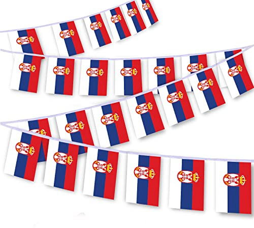 Serbische Flaggenschnur, 90 m, serbische Wimpelkette, Dekorationsbanner für den Innen- und Außenbereich, Terrasse, Hof, Dekoration, 30 Stück
