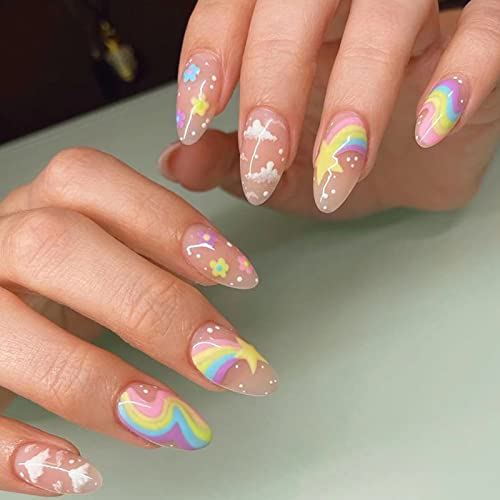 Ceboic 24 Stück Mandel Nägel Zum Aufkleben Kurz, Glossy French Weiß Wolken & Colorful Stern Künstliche Nägel, Oval Acryl Kunstnägel Press on Nails Fingernägel Fake Nails für Frauen und Mädchen