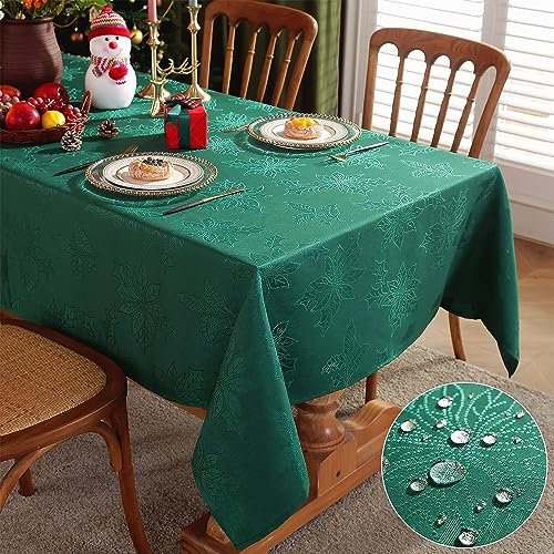 Tovaglia natalizia in jacquard rettangolare, 152 x 305 cm, resistente all'olio/all'acqua, resistente al calore, lussuosa, con foglie di agrifoglio, damascato, tovaglia in tessuto per cene, feste,