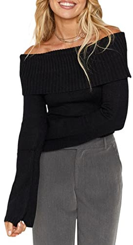 Women Fall Sweater Long Sleeve Off-Shoulder Solid Casaul Jumpers Knit Pullover Tops for Daily (Black, M)