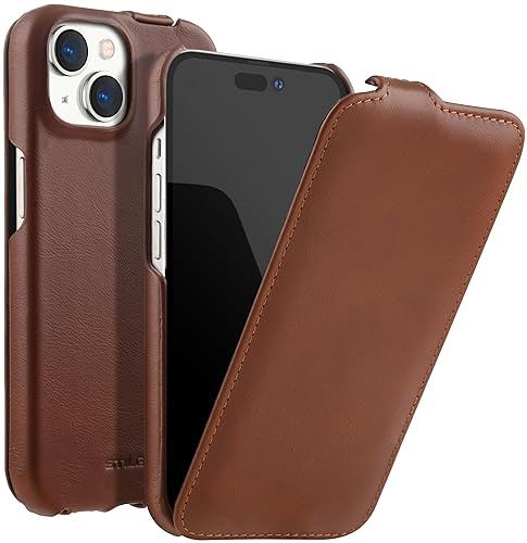 STILGUT UltraSlim kompatibel mit iPhone 15 Plus Hülle - Case kompatibel mit MagSafe aus Leder, Klapphülle, Handyhülle, Lederhülle - Cognac