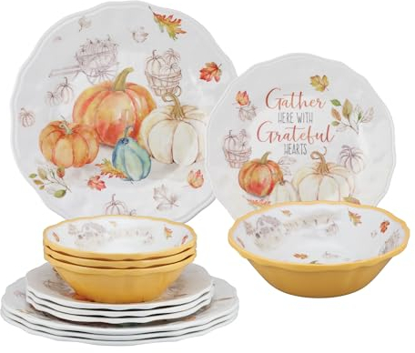 UP UPware 12-Piece Melamine Dinnerware Set, Includes Dinner Plates, Salad Plates, Bowls, Service for 4 (Pumpkin Season), A_1351