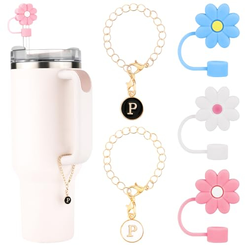 3pcs Straw Cover for Stanley Cup 30/40oz, 0.39 inch Flower Silicone Straw Topper/Cap & 2pcs Personalized Capital ID/Name Letter Charm Tips Lid Protector Tumblers Accessories for Stanley Cup(P)