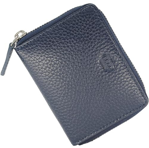 Baur Damen Geldbörse Echt Leder Geldtasche | Mini-Geldbeutel mit RFID Schutz | kleines Portemonnaie mit 6 Kartenfächer | Schein- & Münzfach | Wallet mit Rundumreißverschluss (Dunkelblau)