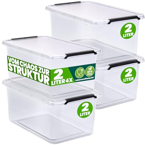 Deuba® 4x Aufbewahrungsbox mit Deckel 2L Box Kunststoff Kisten lebensmittelecht BPA frei klein Klickverschluss transparent stapelbar Küche Schlafzimmer