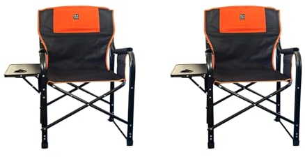 OLPRO Set of 2 Directors Chairs – Orange & Black – Folding Camping Chairs for Adults with Side Table, Cup Holder & Storage Pouch – Heavy Duty Outdoor Furniture, Supports 120kg