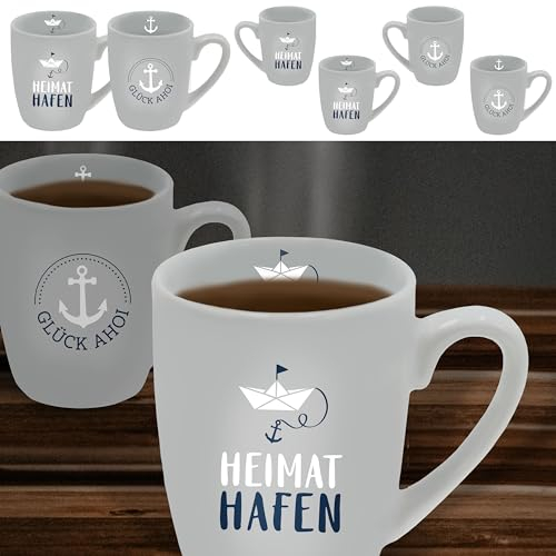 Cepewa Kaffeebecher | 13x9x9cm Emaille Eisen Metall weiß 450 ml | Henkelbecher mit Motive (1 x 6er Set Kaffeebecher Maritim)