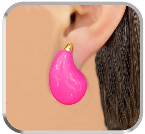 Pendientes Gota fucsia colores Gota de Agua Acero Inoxidable para Mujeres (Rosa Fuscia Mediano)