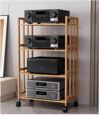HDYZJQ HiFi Rack Robuster AV-Medienständer mit 2, 3, 4 und 5 Ebenen, Stereo-Schrankständer mit höhenverstellbarem Regal und Rädern, Organizer-Rack für Kabelboxen aus Bambus(Tall-122cm,W-60cm/23in)