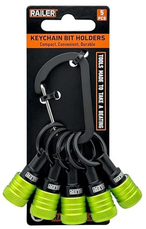 Railer Bit Holder Keychain 5pc - 1/4 inch Hex Shank Bit Holders - Quick Release Bit Holder for Nut Driver, Screwdriver & Drill Bits w/Key Chain Carabiner