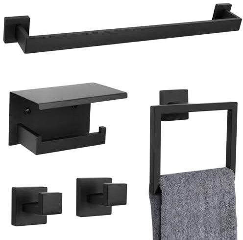 Woekme Lot de 5 barres porte-serviettes noires mates pour salle de bain comprenant une barre porte-serviette de 61 cm, un porte-papier toilette avec étagère, un anneau carré, des crochets à manteaux,